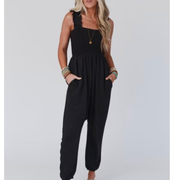 Three Bird Nest Elegant Black Ruffle Jumpsuit - Picture 6 of 7